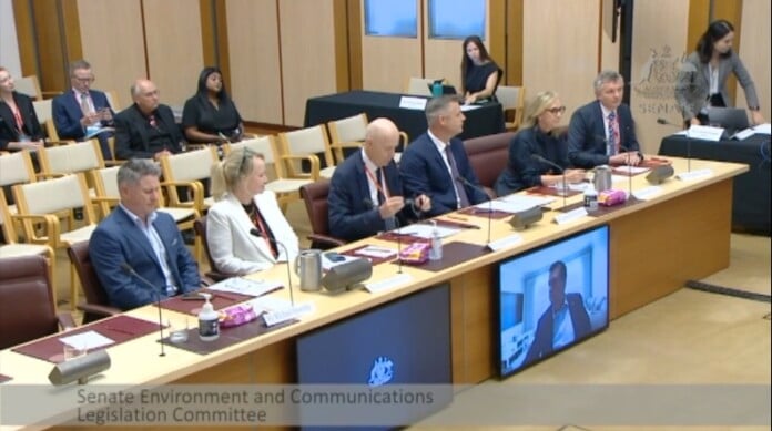 CEOs of Seven (James Warburton), Nine (Mike Sneesby), and 10 (Beverley McGarvey), along with Free TV Australia delegation (Greg Hywood and Bridget Fair), speak to the joint Parliamentary committee on their submissions on the Prominence legislation (image - aph.gov.au)